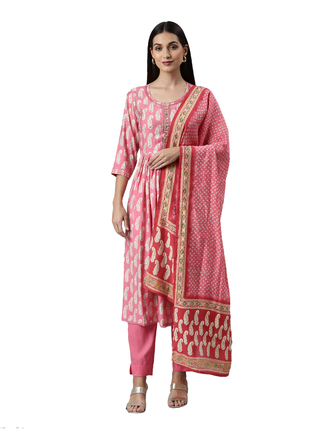 Neerus Pink muslin printed kurta set with trouser and dupatta - front view
