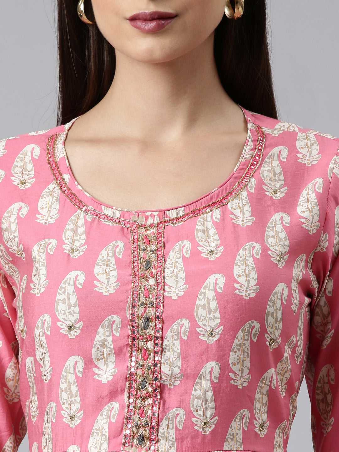 Neerus Pink muslin printed kurta set with trouser and dupatta - detail view 1