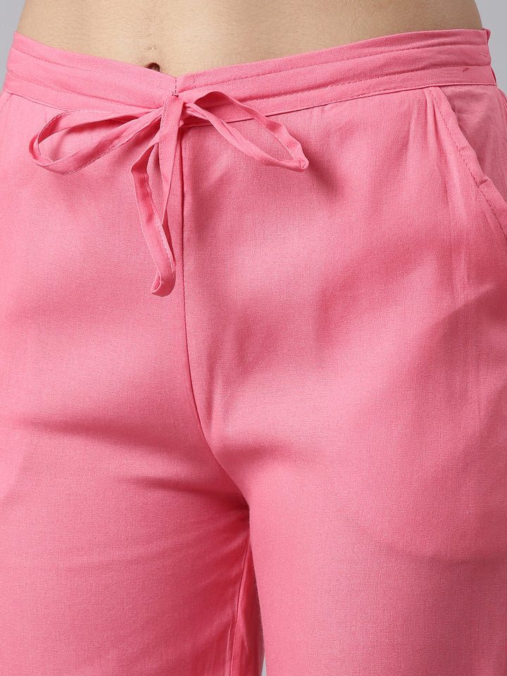 Neerus Pink muslin printed kurta set with trouser and dupatta - detail view 2