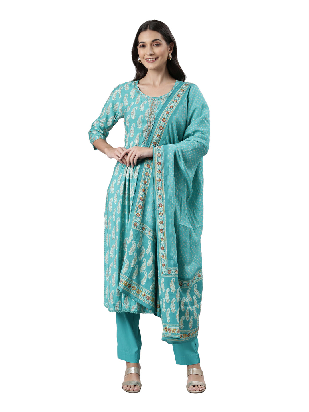 Neerus Sea Green Regular Calf Length Embroidered Kurta Solid Palazzos With Dupatta