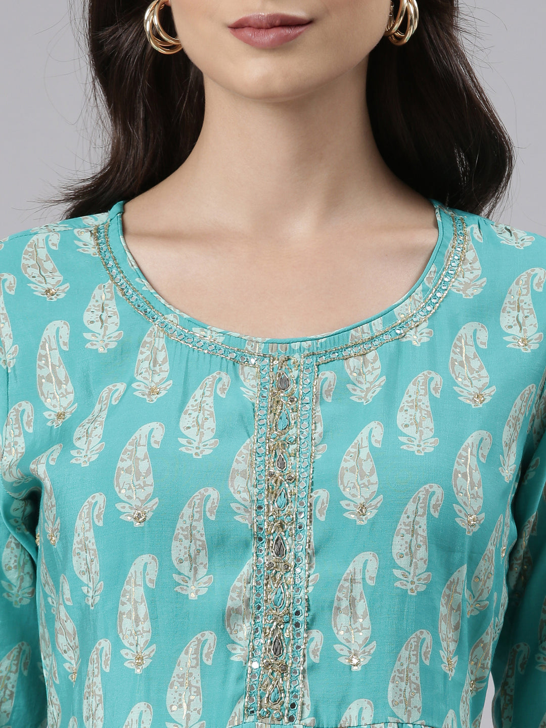 Neerus Sea Green Regular Calf Length Embroidered Kurta Solid Palazzos With Dupatta
