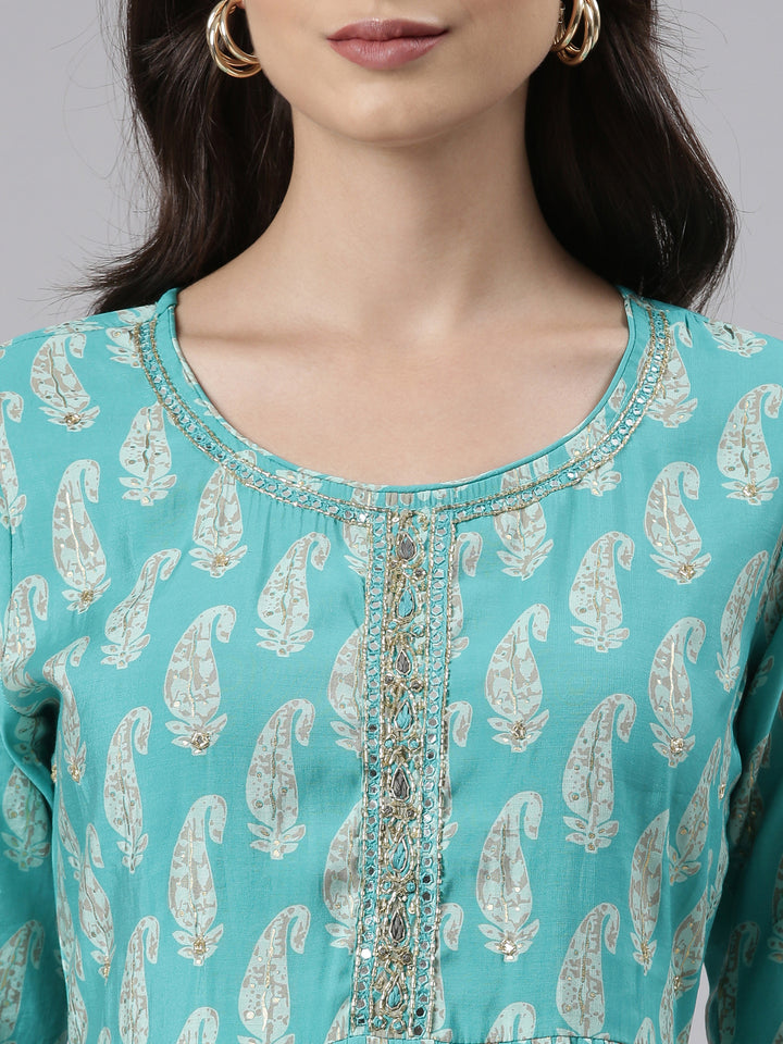 Neerus Sea Green Regular Calf Length Embroidered Kurta Solid Palazzos With Dupatta