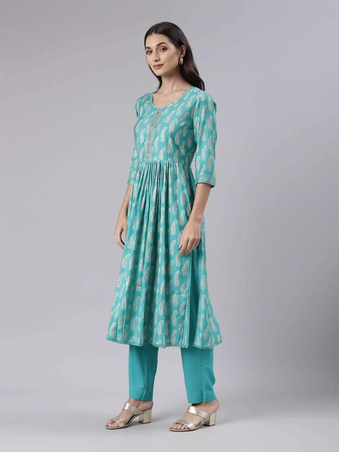 Neerus Sea Green Regular Calf Length Embroidered Kurta Solid Palazzos With Dupatta