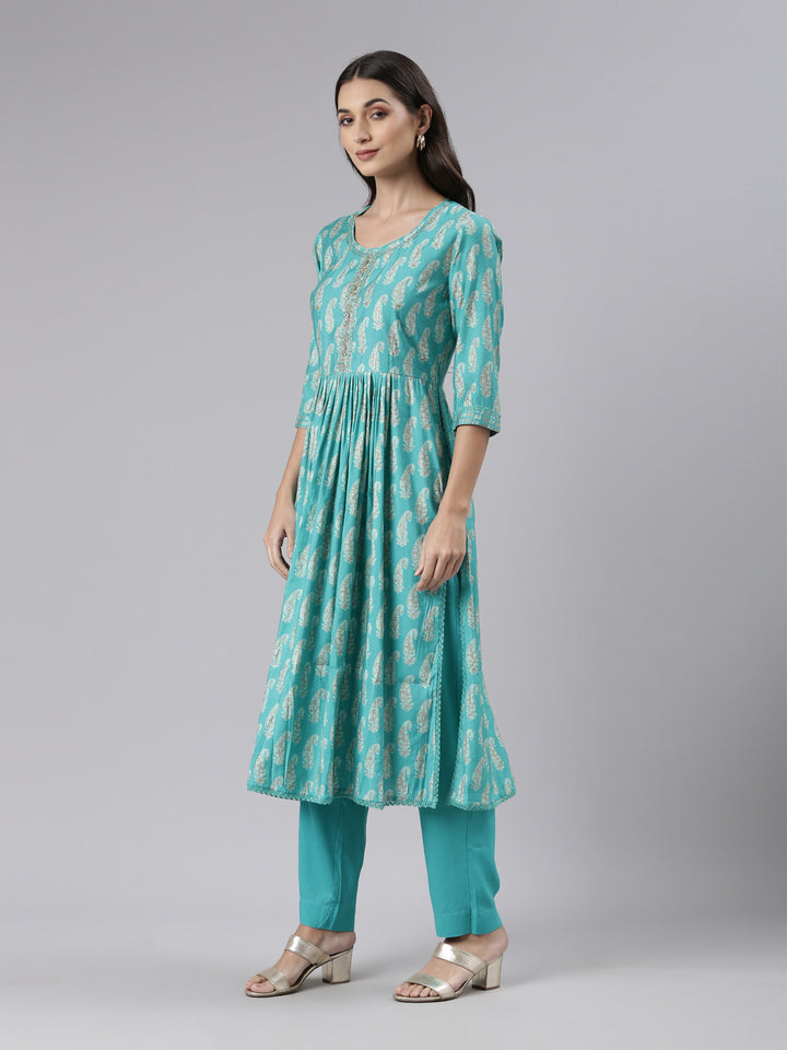 Neerus Sea Green Regular Calf Length Embroidered Kurta Solid Palazzos With Dupatta