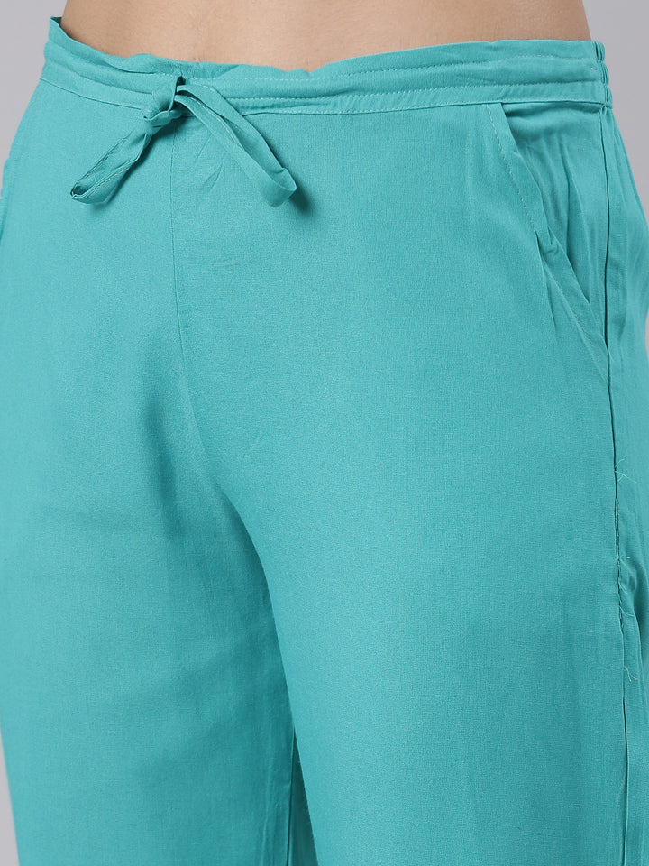 Neerus Sea Green Regular Calf Length Embroidered Kurta Solid Palazzos With Dupatta