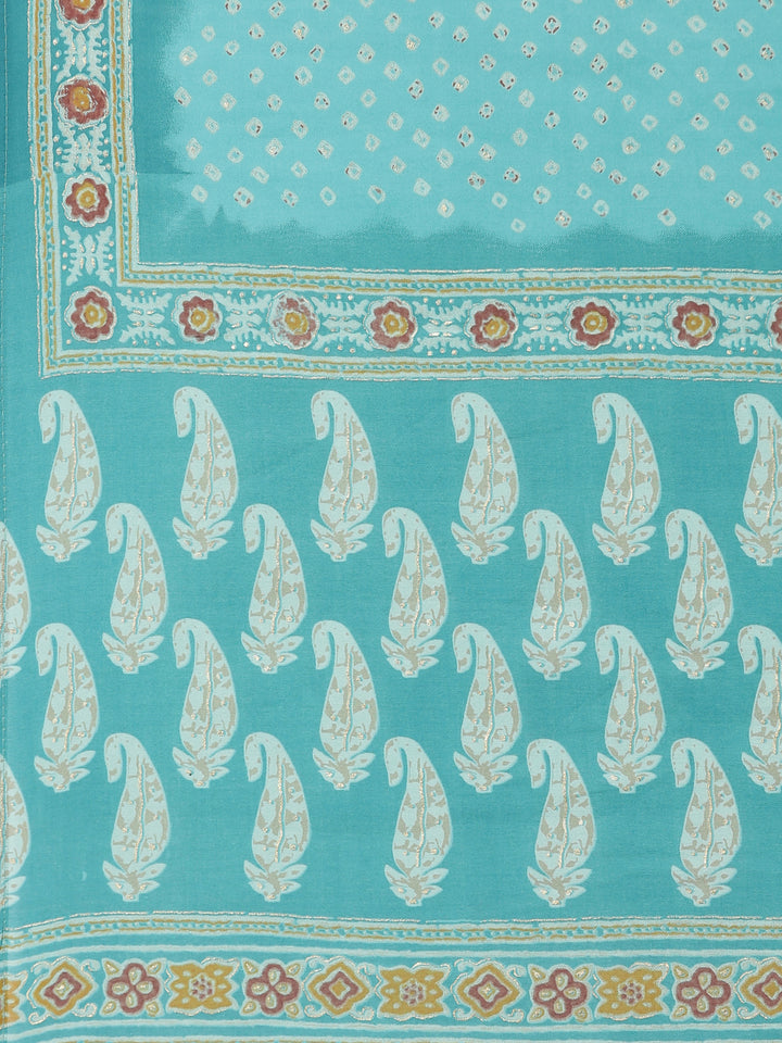 Neerus Sea Green Regular Calf Length Embroidered Kurta Solid Palazzos With Dupatta