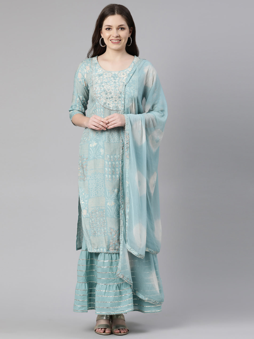 Neerus Green muslin printed sharara set - front view