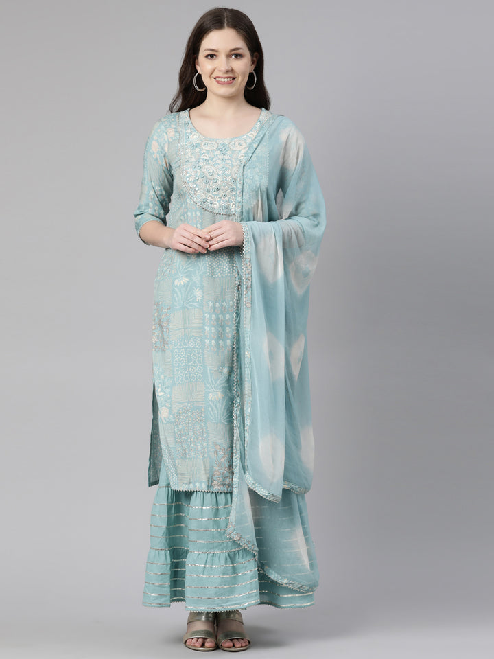 Neerus Green muslin printed sharara set - front view