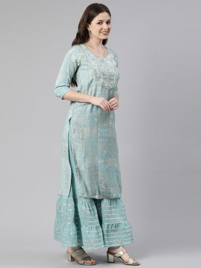 Neeru's Sea Green Regular Knee Length Printed Kurta Solid Sharara With Dupatta
