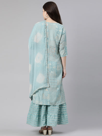 Neeru's Sea Green Regular Knee Length Printed Kurta Solid Sharara With Dupatta
