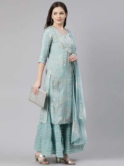 Neeru's Sea Green Regular Knee Length Printed Kurta Solid Sharara With Dupatta