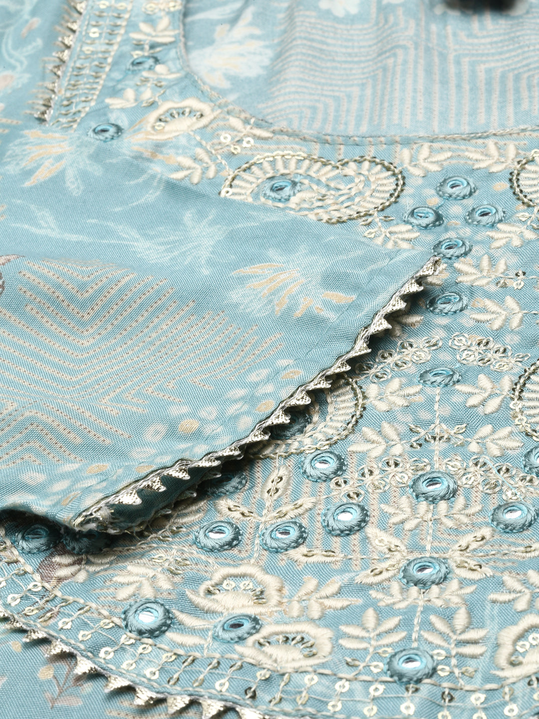 Neeru's Sea Green Regular Knee Length Printed Kurta Solid Sharara With Dupatta