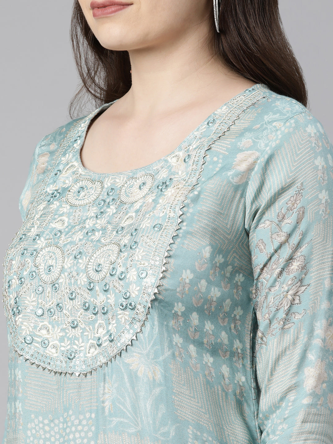 Neeru's Sea Green Regular Knee Length Printed Kurta Solid Sharara With Dupatta
