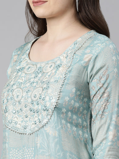 Neeru's Sea Green Regular Knee Length Printed Kurta Solid Sharara With Dupatta