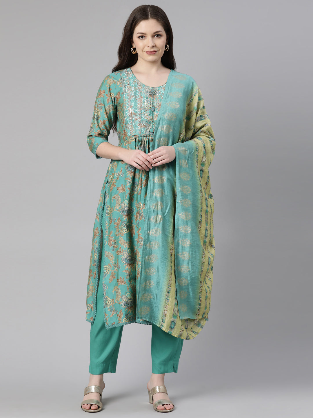 Neerus Green silk printed anarkali kurta set - front view