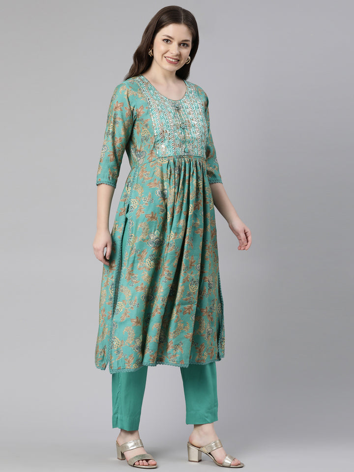 Neerus Green silk printed anarkali kurta set - back view