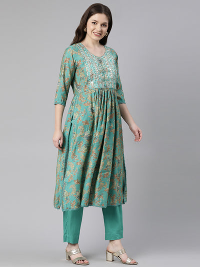 Neeru's Green Regular Knee Length Printed Kurta Solid Trousers With Dupatta