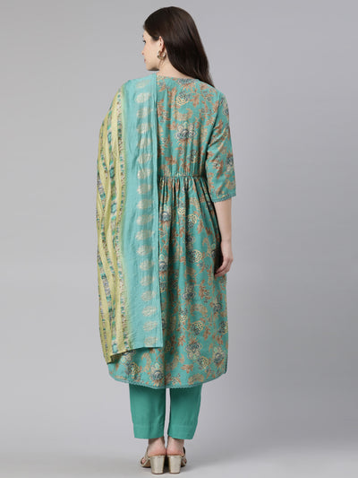 Neeru's Green Regular Knee Length Printed Kurta Solid Trousers With Dupatta