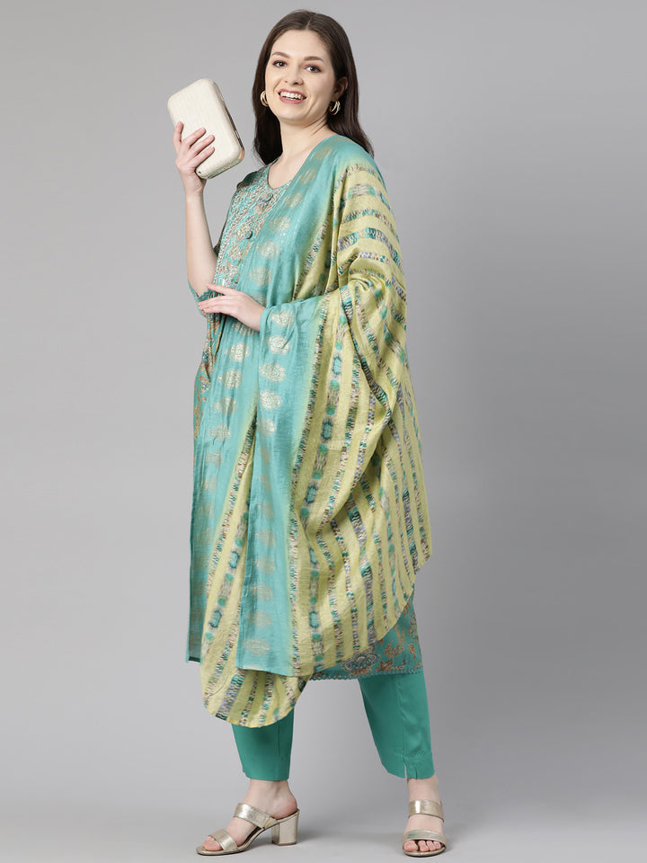 Neerus Green silk printed anarkali kurta set - detail view 5