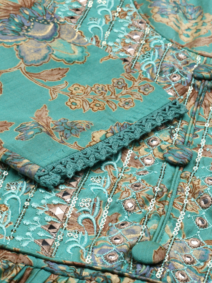 Neerus Green silk printed anarkali kurta set - detail view 1
