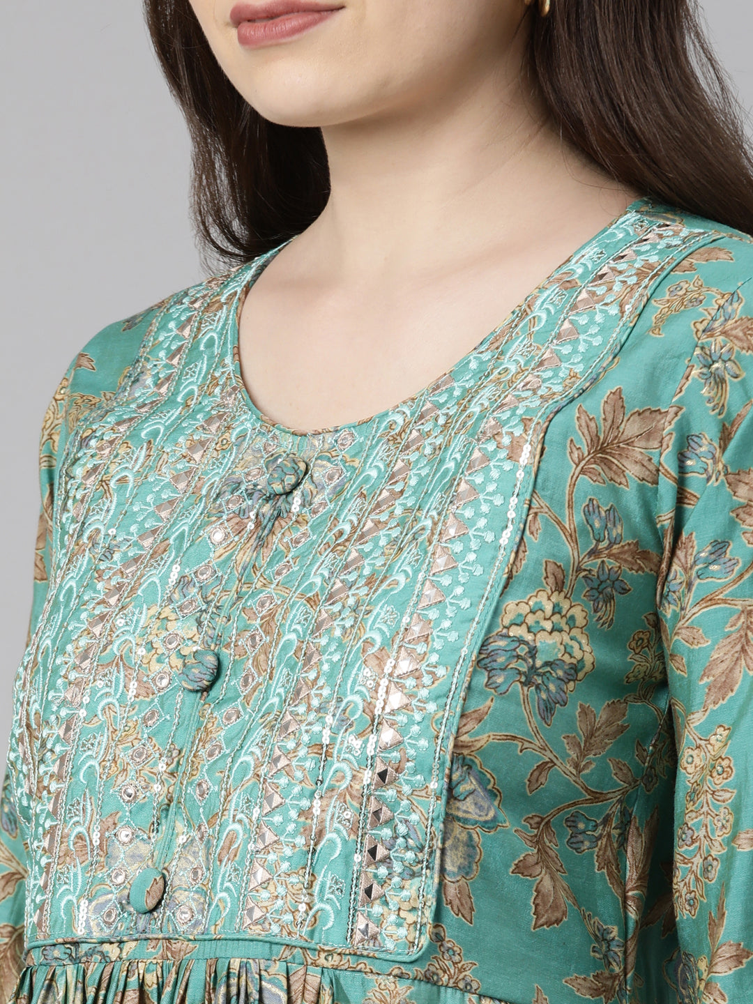 Neeru's Green Regular Knee Length Printed Kurta Solid Trousers With Dupatta
