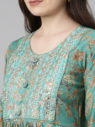 Neeru's Green Regular Knee Length Printed Kurta Solid Trousers With Dupatta