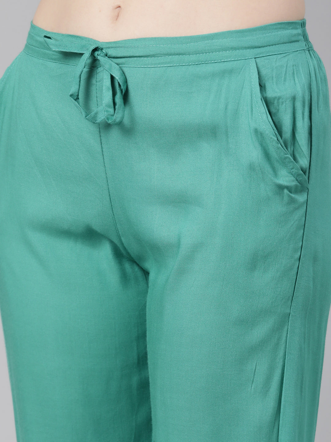 Neeru's Green Regular Knee Length Printed Kurta Solid Trousers With Dupatta