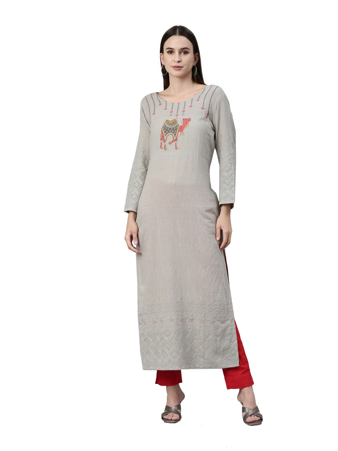 Neerus Grey slub cotton straight kurta - front view