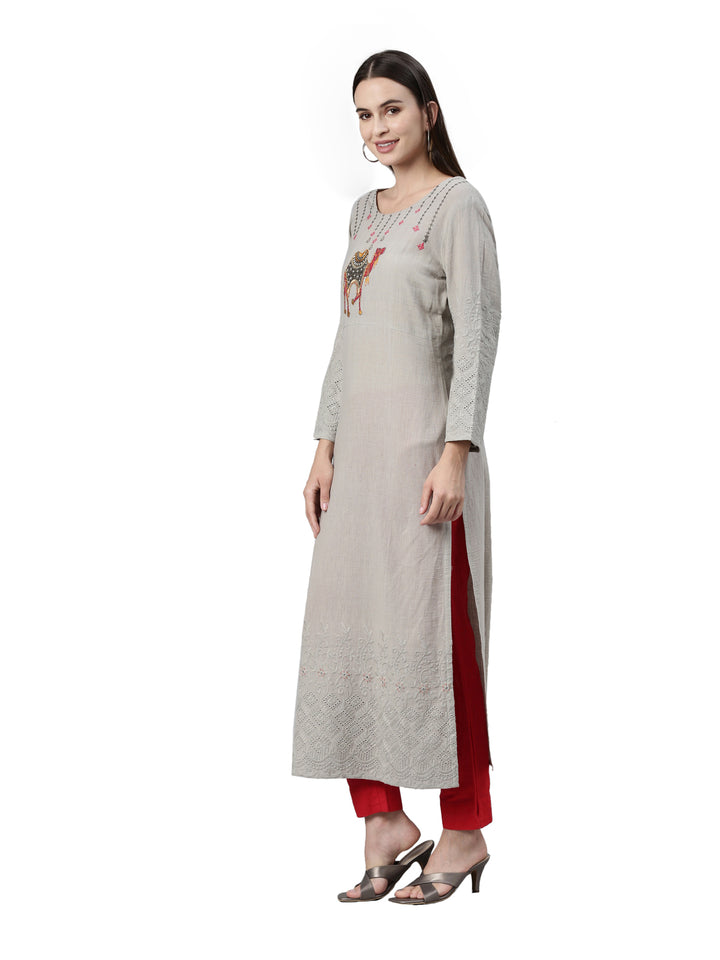 Neerus Grey slub cotton straight kurta - side view