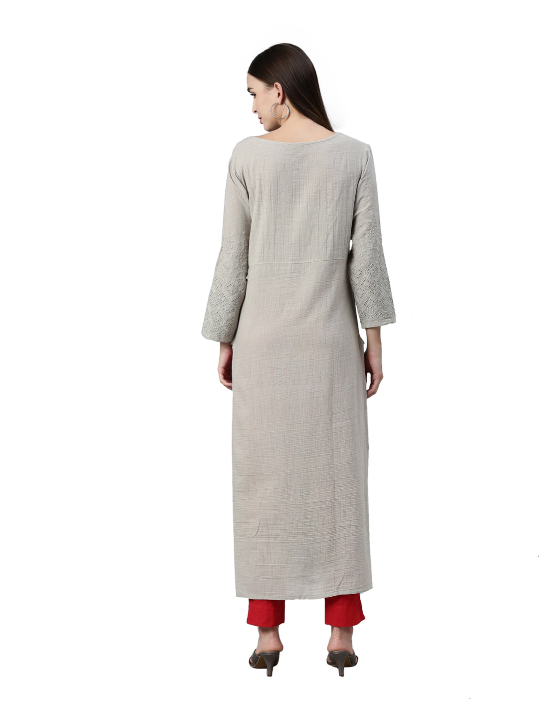 Neerus Grey slub cotton straight kurta - detail view 2