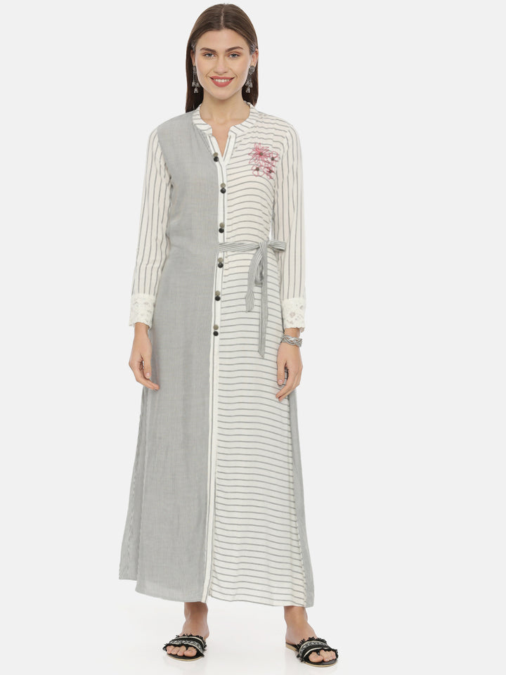 Neerus White rayon striped A-line kurta - front view