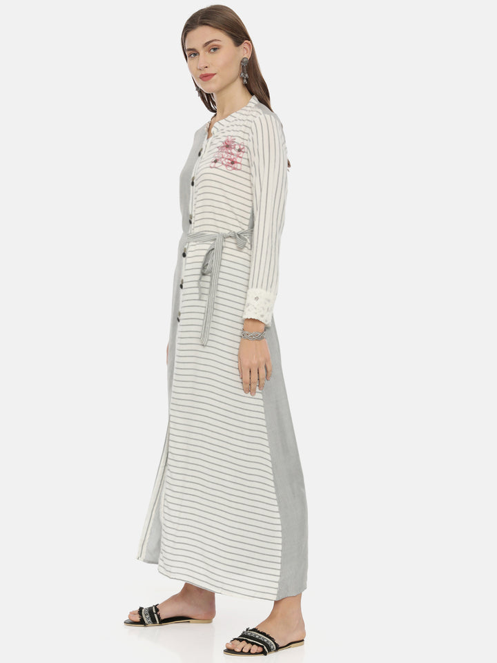 Neerus White rayon striped A-line kurta - side view