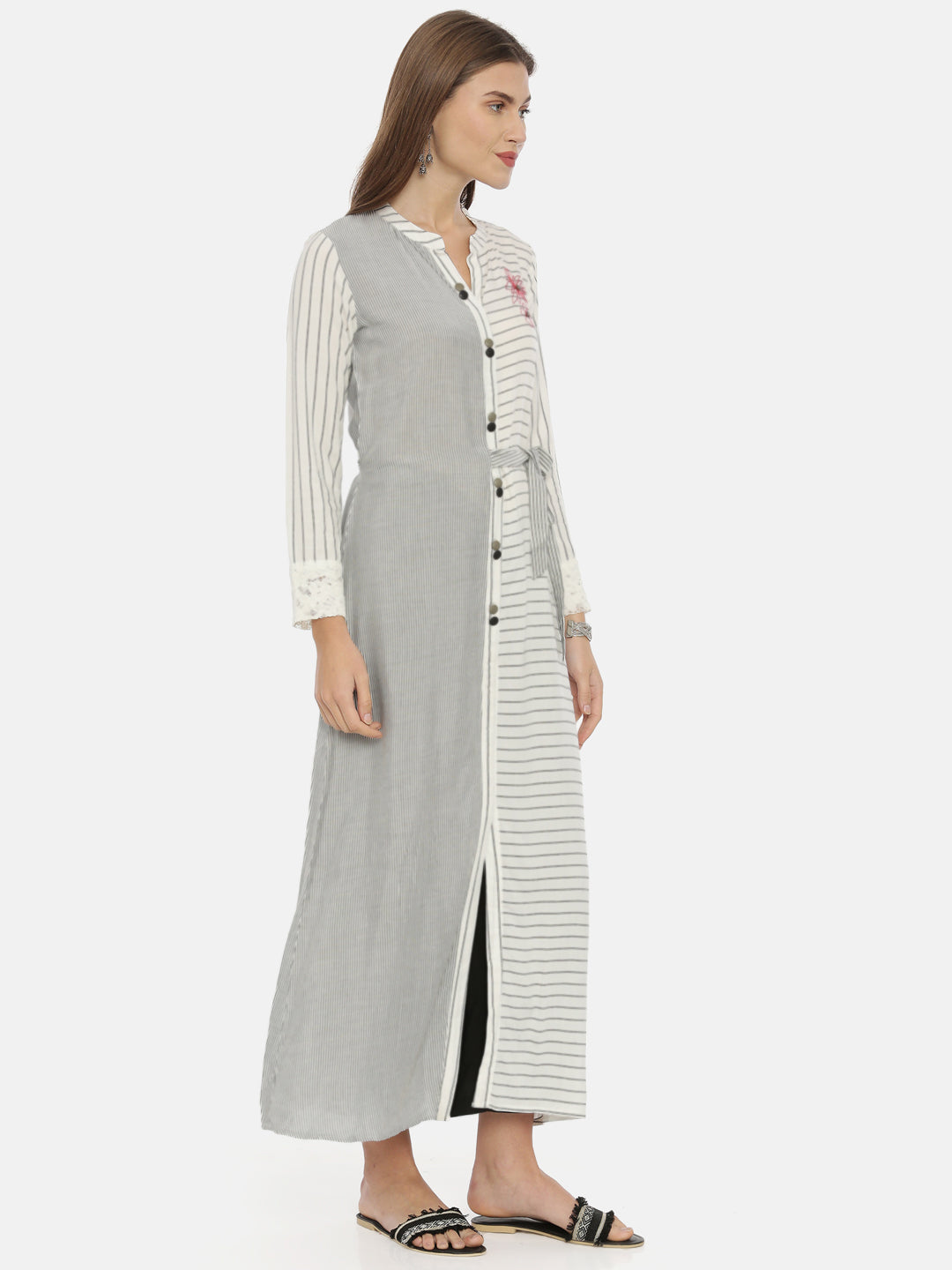 Neerus White rayon striped A-line kurta - detail view 1