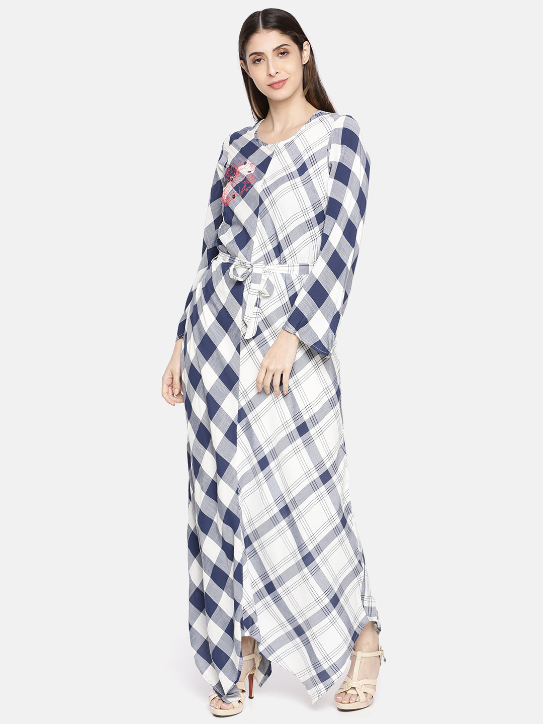 Neerus Blue Check A Line Kurta