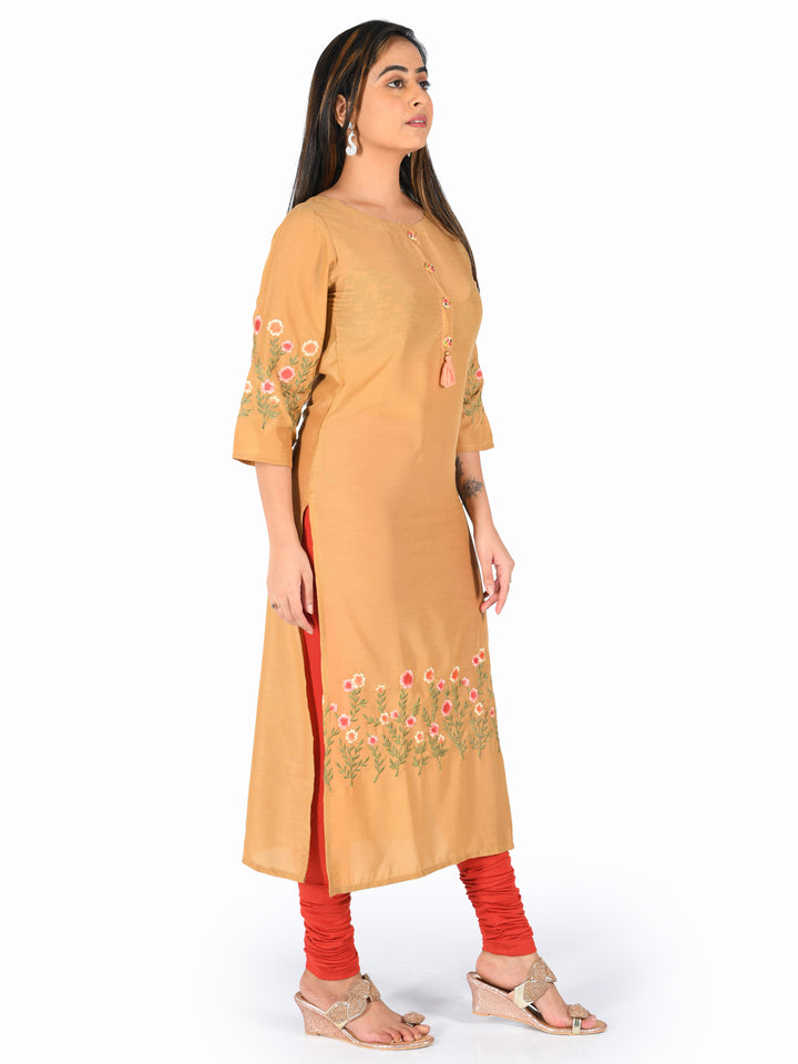 Neerus Orange Embroidered Straight Kurta