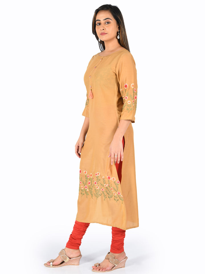 Neerus Orange Embroidered Straight Kurta