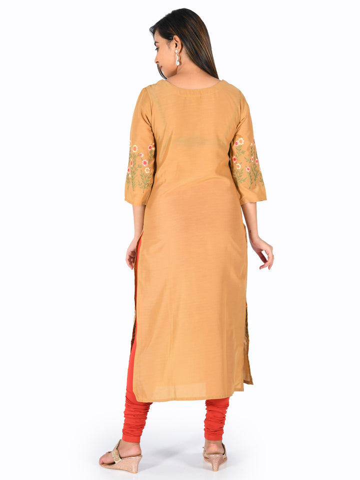Neerus Orange Embroidered Straight Kurta