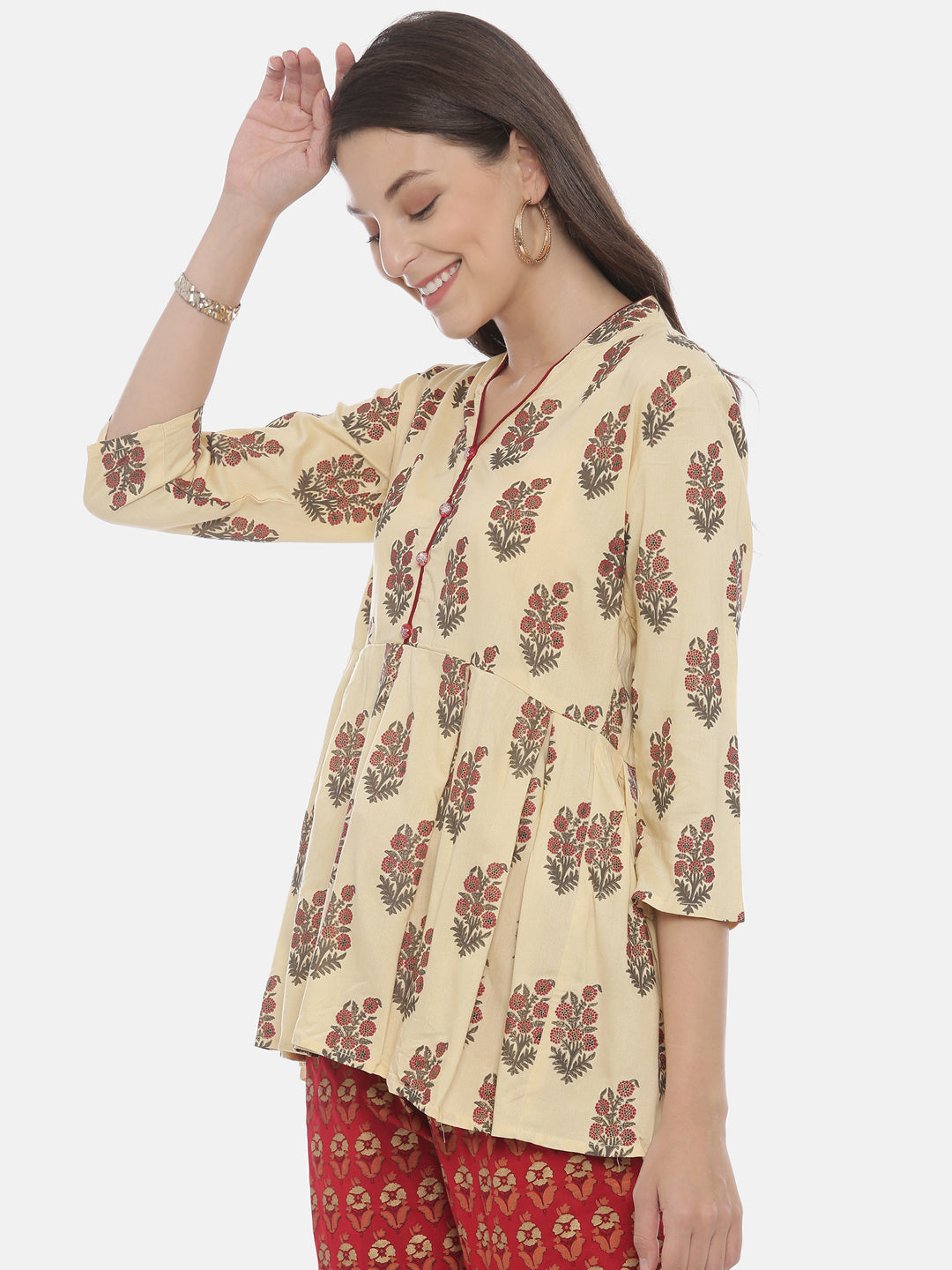 Neerus Beige Muslin solid straight Kurti - side view