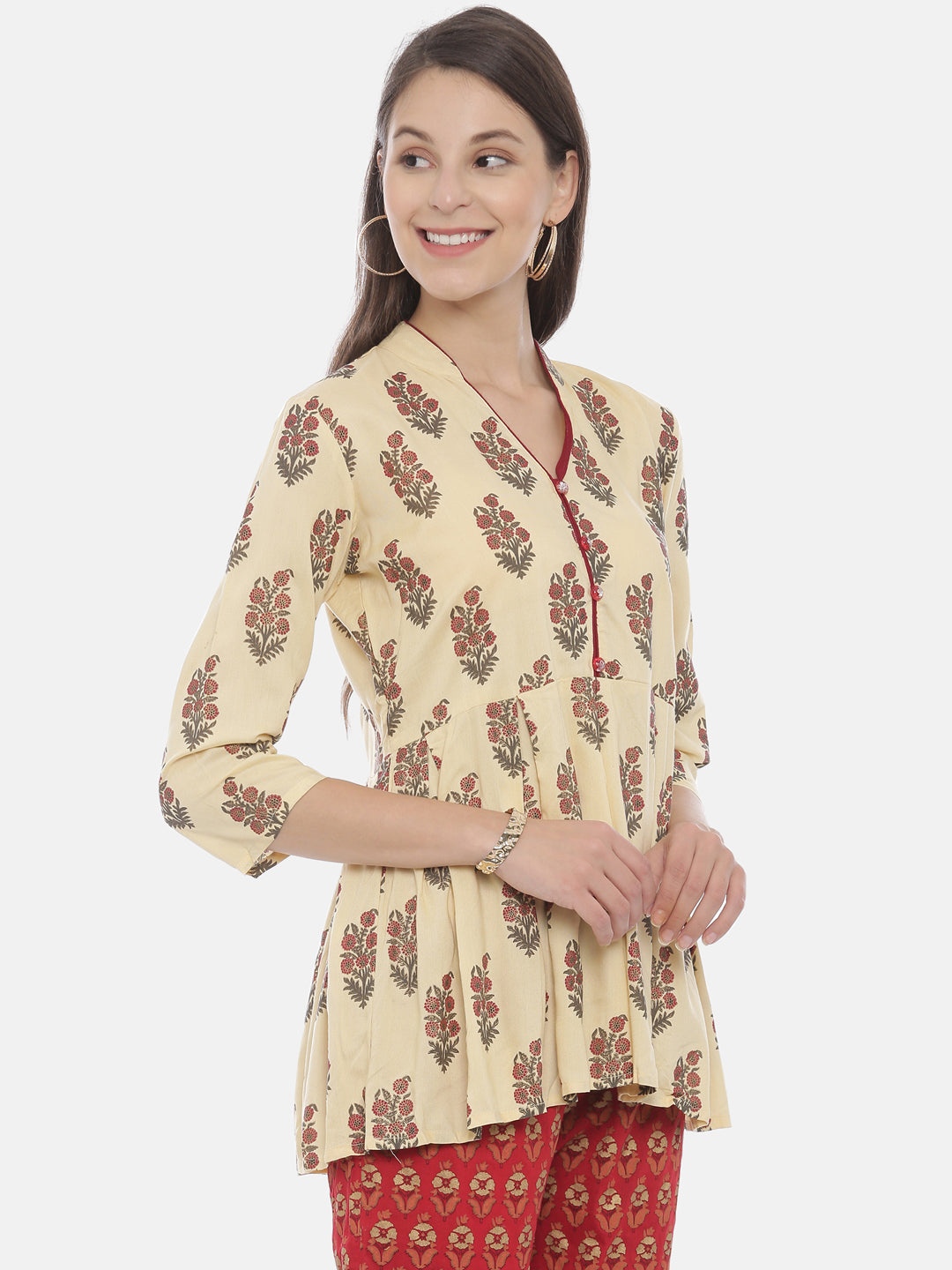 Neeru's Cream Color Rayon Fabric Tunic