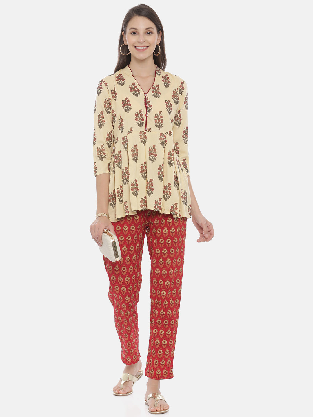 Neerus Beige Muslin solid straight Kurti - front view