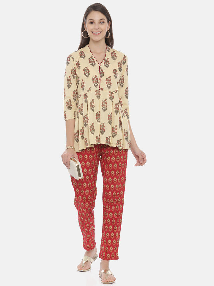 Neerus Beige Muslin solid straight Kurti - front view