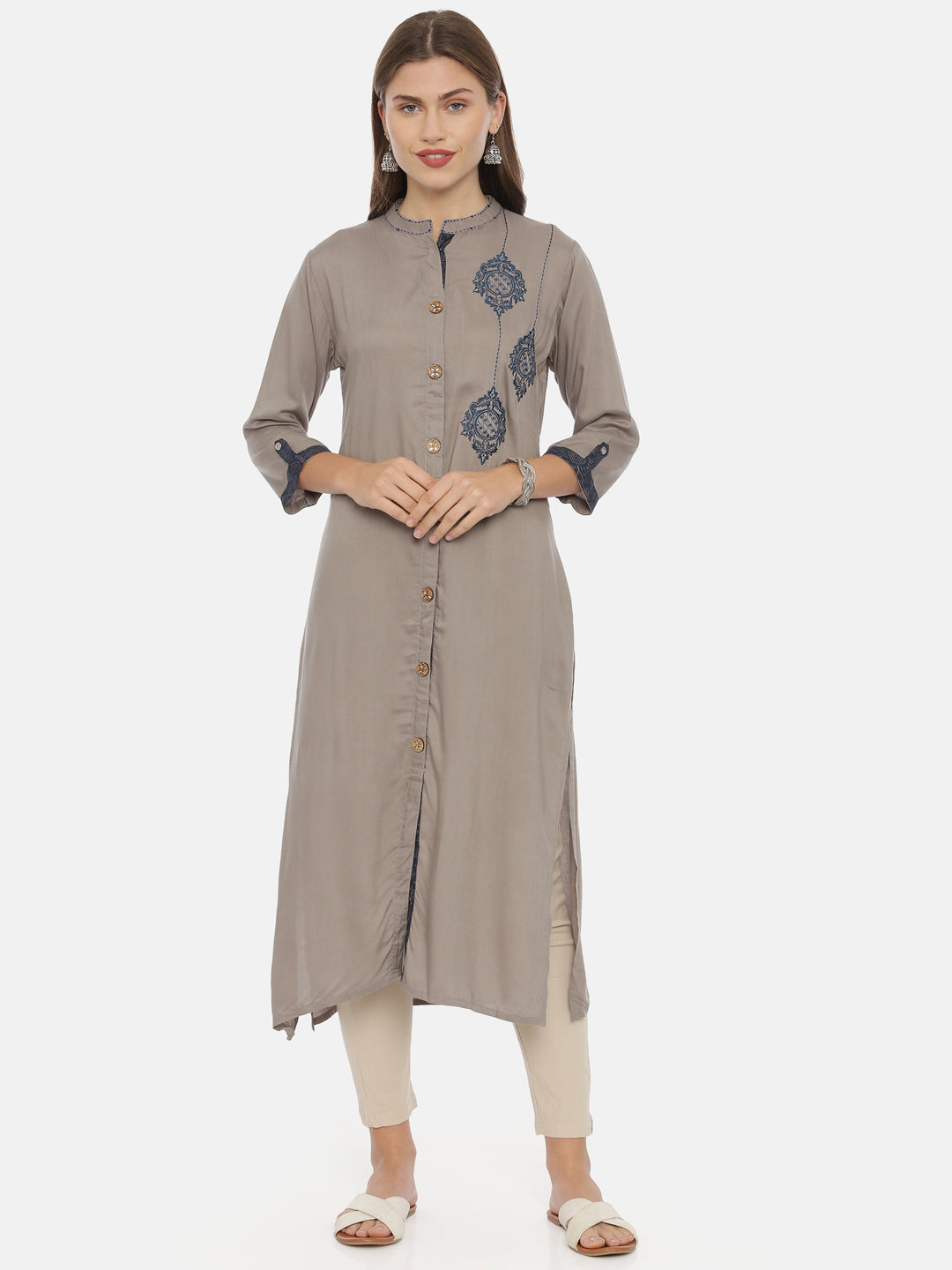 Neerus Grey muslin embroidered straight kurta - front view