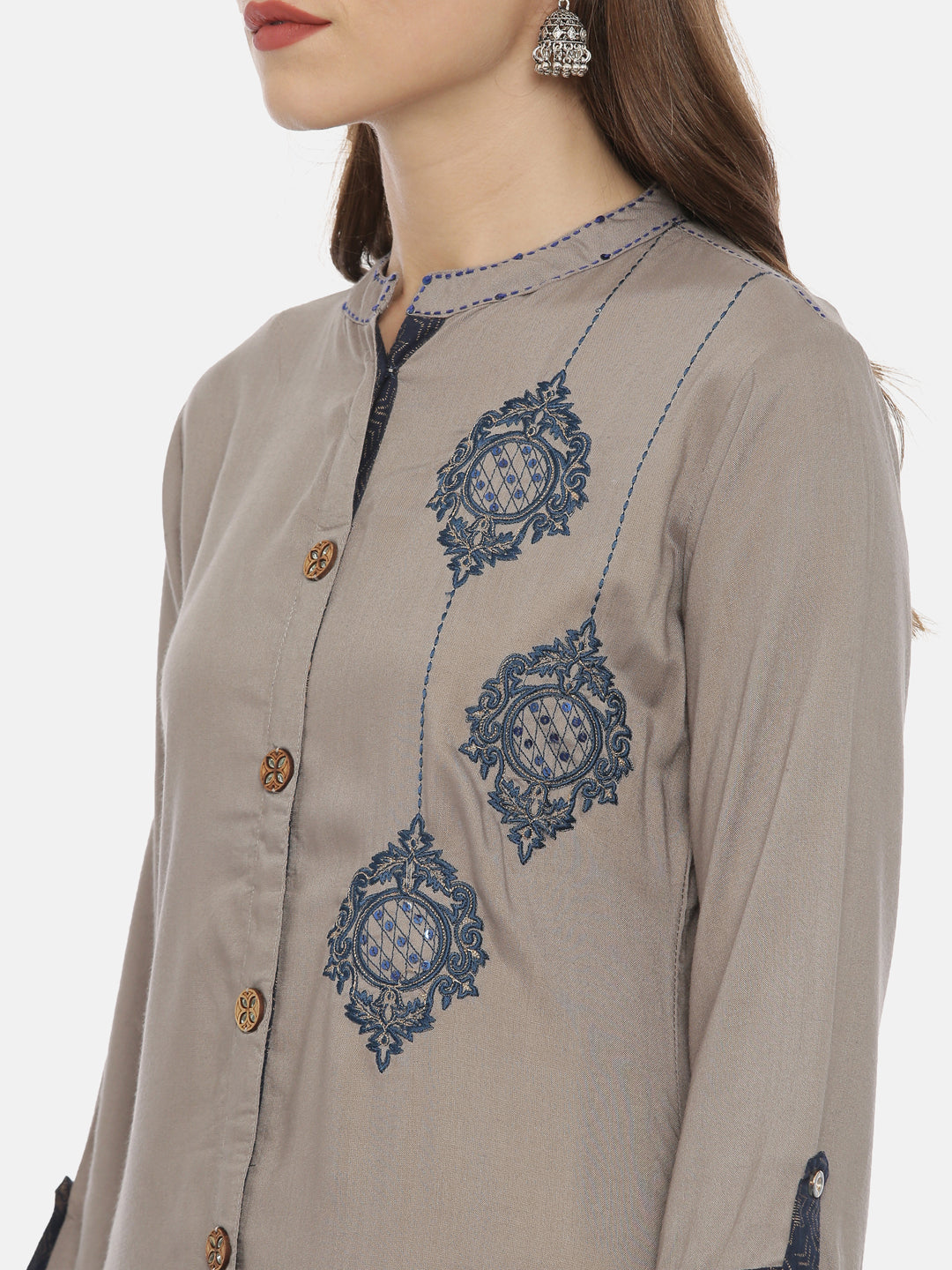 Neerus Grey muslin embroidered straight kurta - back view