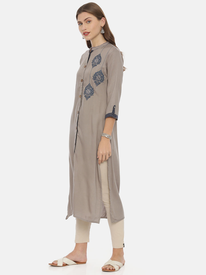 Neerus Grey muslin embroidered straight kurta - side view