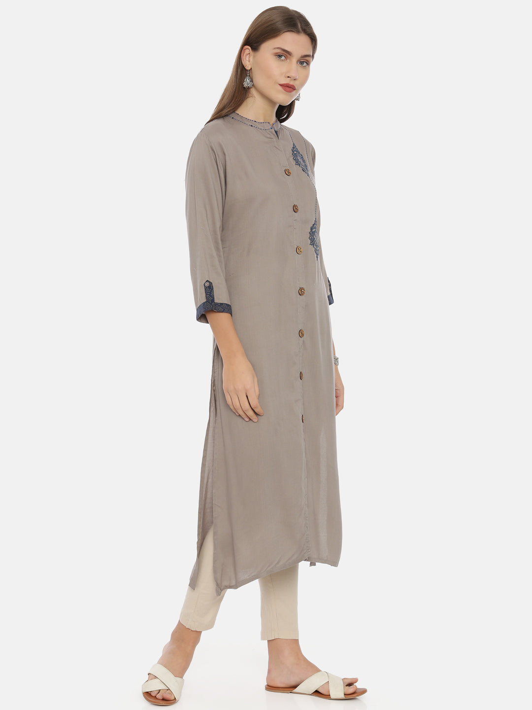 Neerus Grey muslin embroidered straight kurta - detail view 1