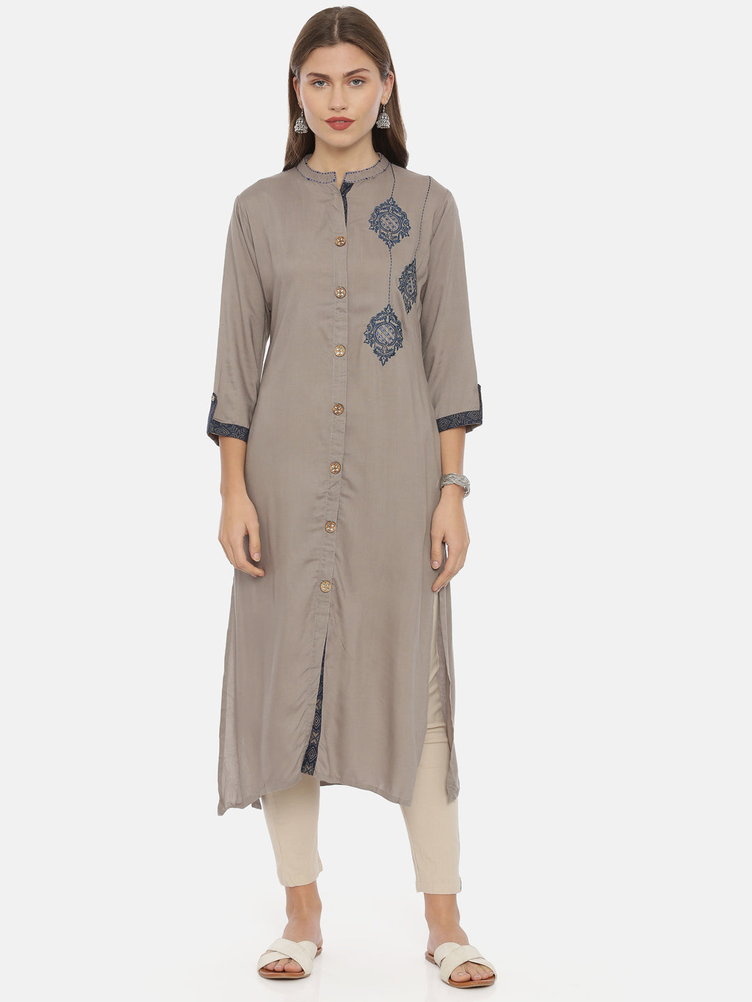 Neerus Grey muslin embroidered straight kurta - detail view 3