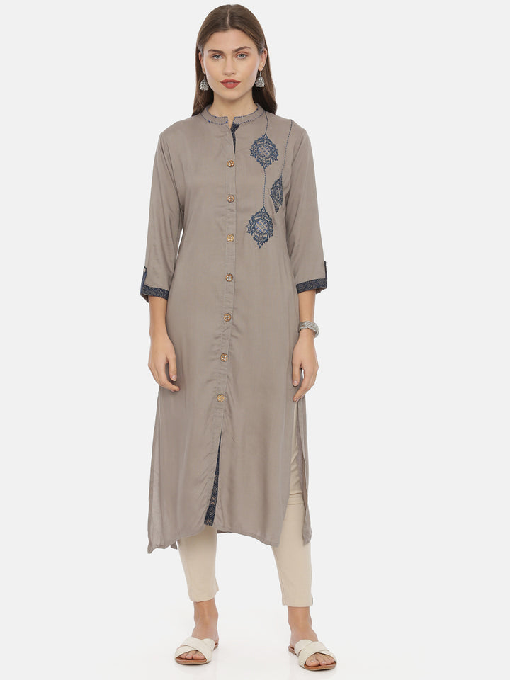 Neerus Grey muslin embroidered straight kurta - detail view 3
