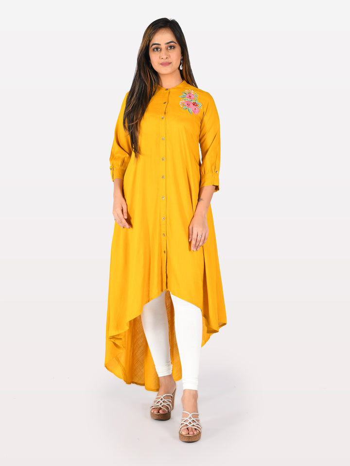 Neerus Yellow Embroidered High Low Kurta