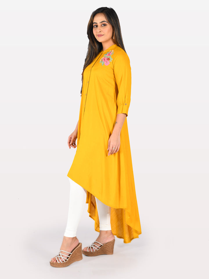 Neerus Yellow Embroidered High Low Kurta