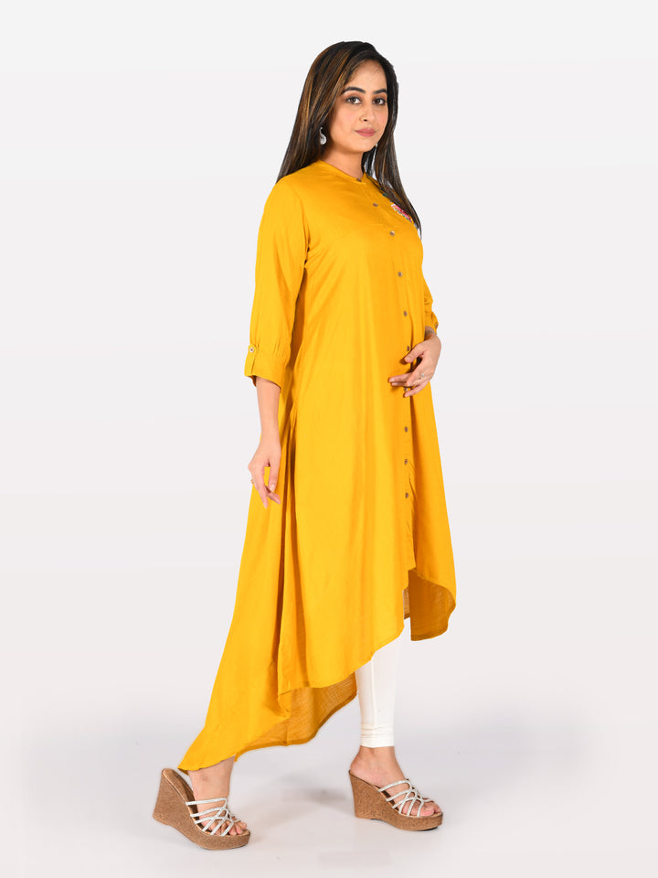 Neerus Yellow Embroidered High Low Kurta